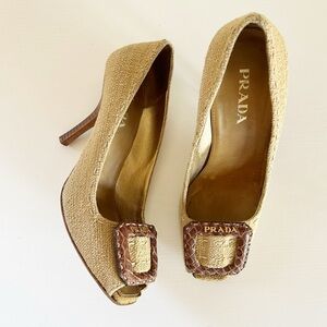 Prada Tan Woven Fabric Peep Toe Pumps Brown Leather Logo Size EU 36.5 Heels